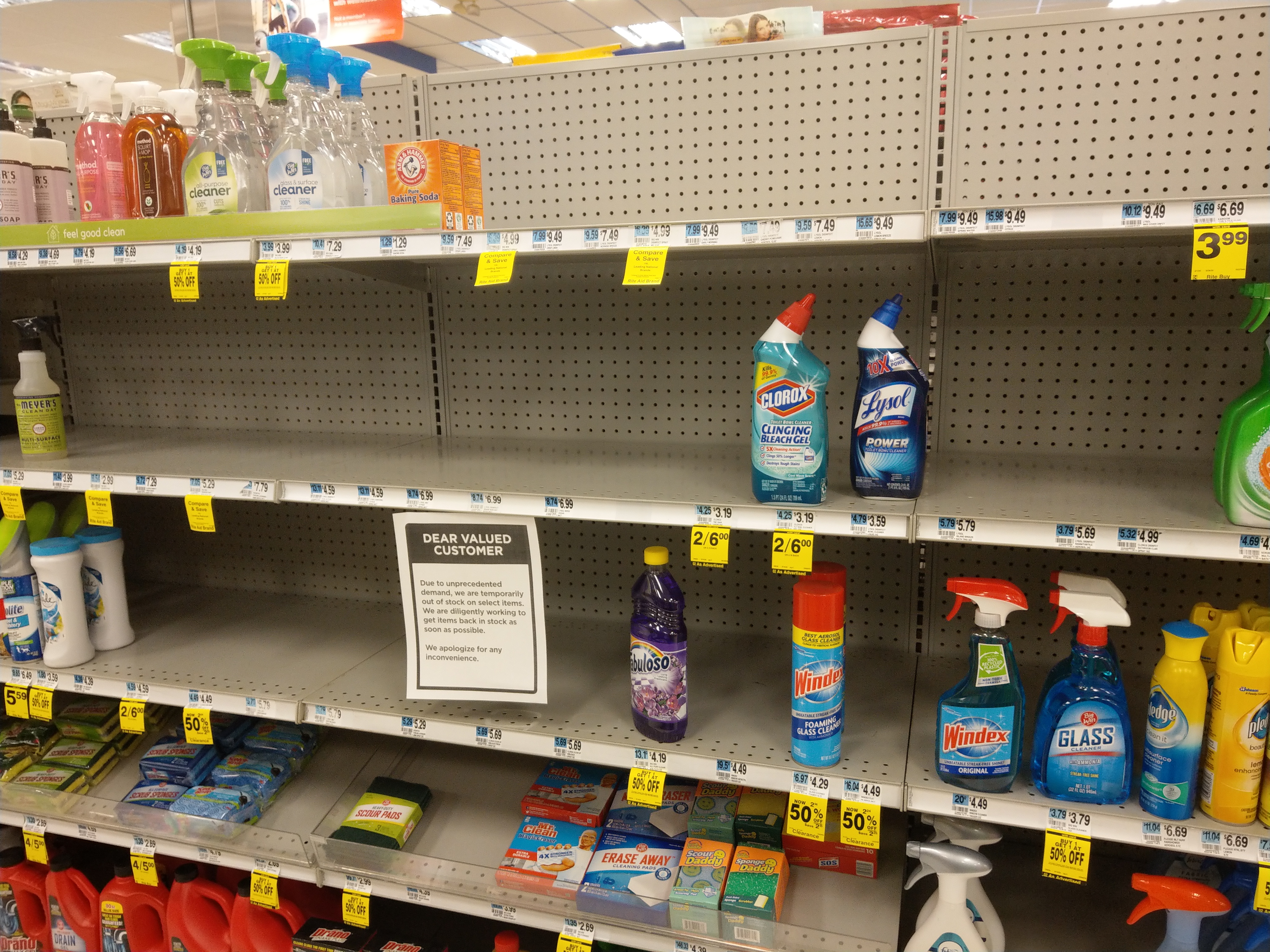 Empty disinfectant shelves in rite aid. March 2020