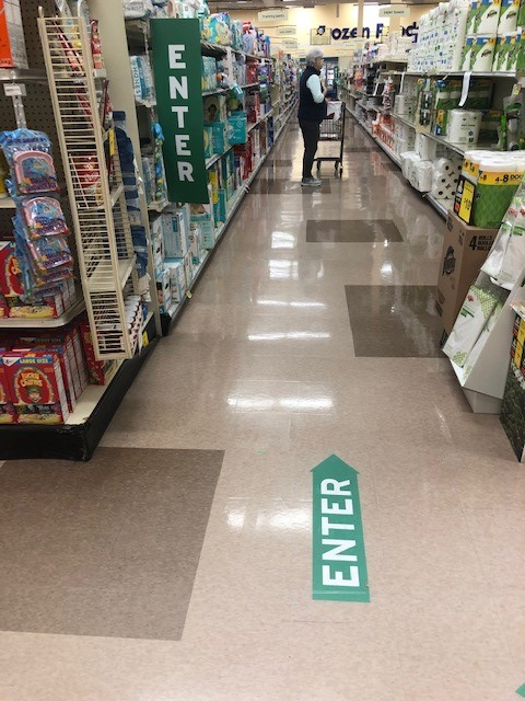 One way aisles in Hannaford, Glenville NY, to keep people from getting too close to each other and spreading the virus.