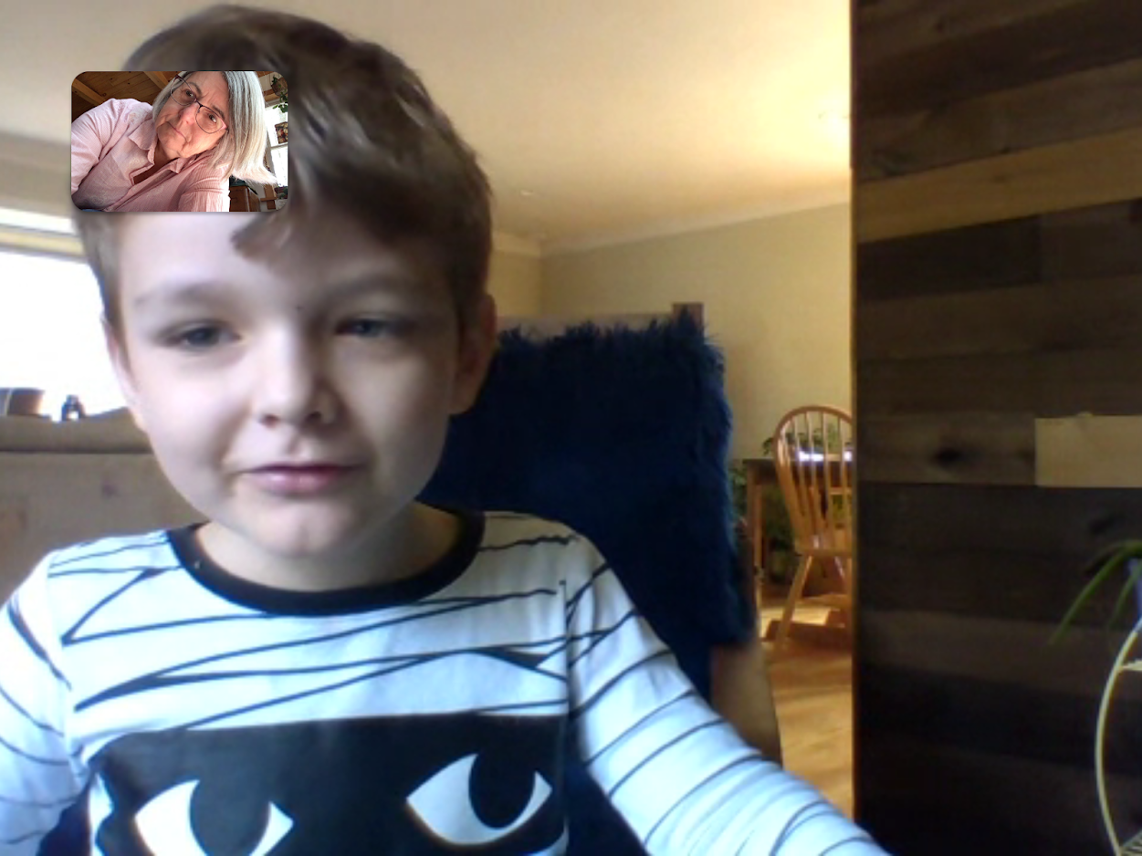 Talking remotely to my grandson. His dad works at a hospital, so we have to keep our distance for now.