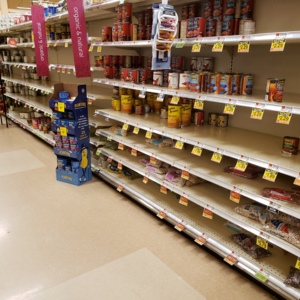 Hannaford canned goods aisle. Most of the vegetables are sold out.