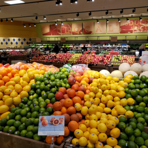 Hannaford produce section on Saturday, March 14th, 2020. All of the fruits and vegetables were restocked. But many shelf stable food items were not.
