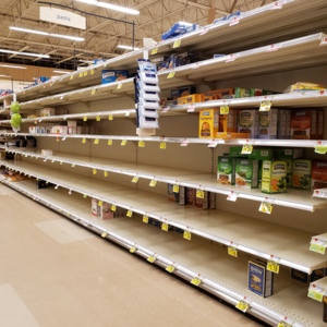 Hannaford pasta aisle. Most items are gone. This shelf was empty the next day and remained so for weeks afterwards.